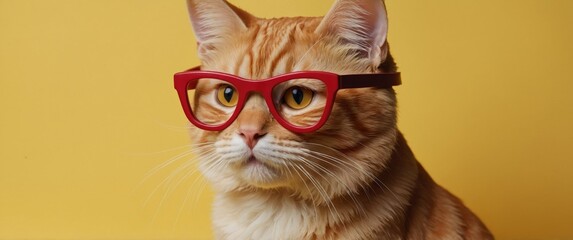 Fototapeta premium Cute ginger cat with red glasses on yellow background.