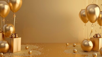 A gold background with gold balloons and gold boxes
