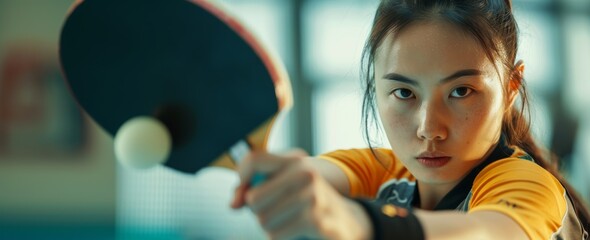 Young Asian woman concentrated while playing table tennis.