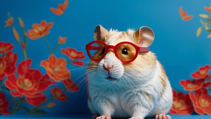 hamster in sunglasses on bright blue background.