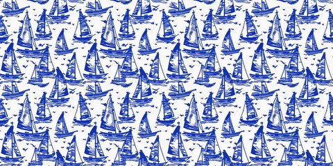Coastal sail boat in azure ocean blue seamless border background, Modern sailing race boat block print banner for decorative coast interior furnishing fabric edge trim. 
