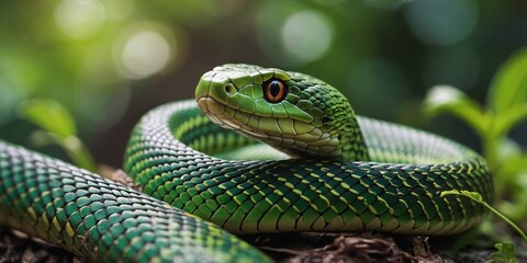 Fototapeta premium Close-up of a Green Snake with Bokeh Background in Nature.