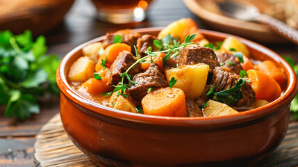 Bowl of hearty beef stew with potatoes and carrots
