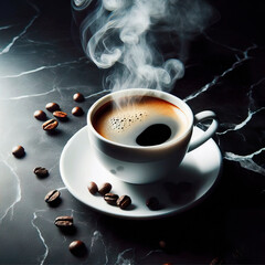 Cup of steaming coffee on marble surface