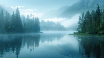 Fototapeta premium A serene image of a misty lake surrounded by forests and mountains.