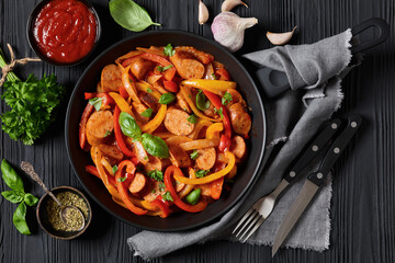 zesty italian sausage peppers and onions, top view