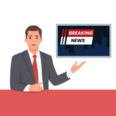 Young man News Anchor on TV Breaking News background. Flat vector illustration isolated on white background