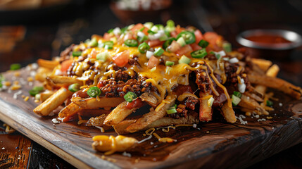 Mound of chili cheese fries is sitting on a wooden cutting board