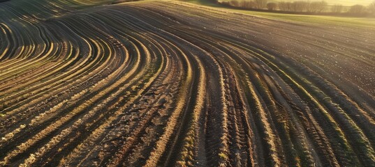 Aerial View of Soil Erosion Control with Contour Plowing and Grass Strips in Agricultural Fields