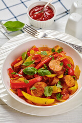 zesty italian sausage peppers and onions, top view