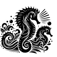 PrintSeahorses are small, marine fish with a horse-like head, prehensile tail, and a distinctive, upright swimming posture. Males carry eggs in a specialized pouch until hatching.