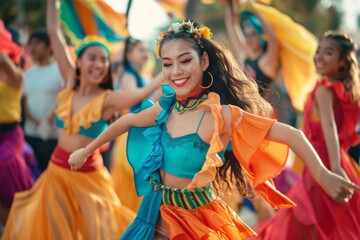 Obraz premium Vibrant Children's Dance Performance in Traditional Costumes at a Cultural Festival Event