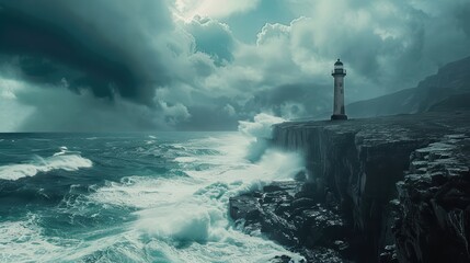 A solitary lighthouse standing tall on a rugged coastline, overlooking a stormy sea