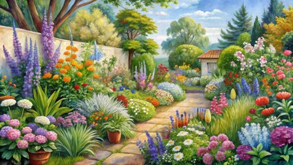 Fototapeta premium Oil Painting of a Vibrant Garden Path with Flowers and a Stone Pathway - Landscape Art, Garden, Flowers, Nature, Oil Painting, Colorful, Summer