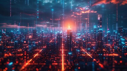 Fototapeta premium A futuristic cityscape with buildings interconnected through secure and encrypted network systems