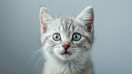 Obraz premium A gray kitten with large blue eyes looks directly at the viewer.