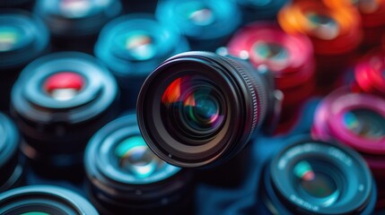 Many colorful camera lenses are clustered together. A dark-colored lens is central