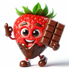 3D funny cartoon of a strawberry with chocolate on white background
