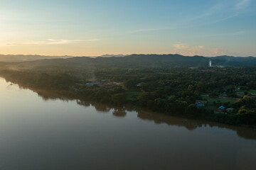 Aerial view of Mekong River Community in Loei province, Thailand.