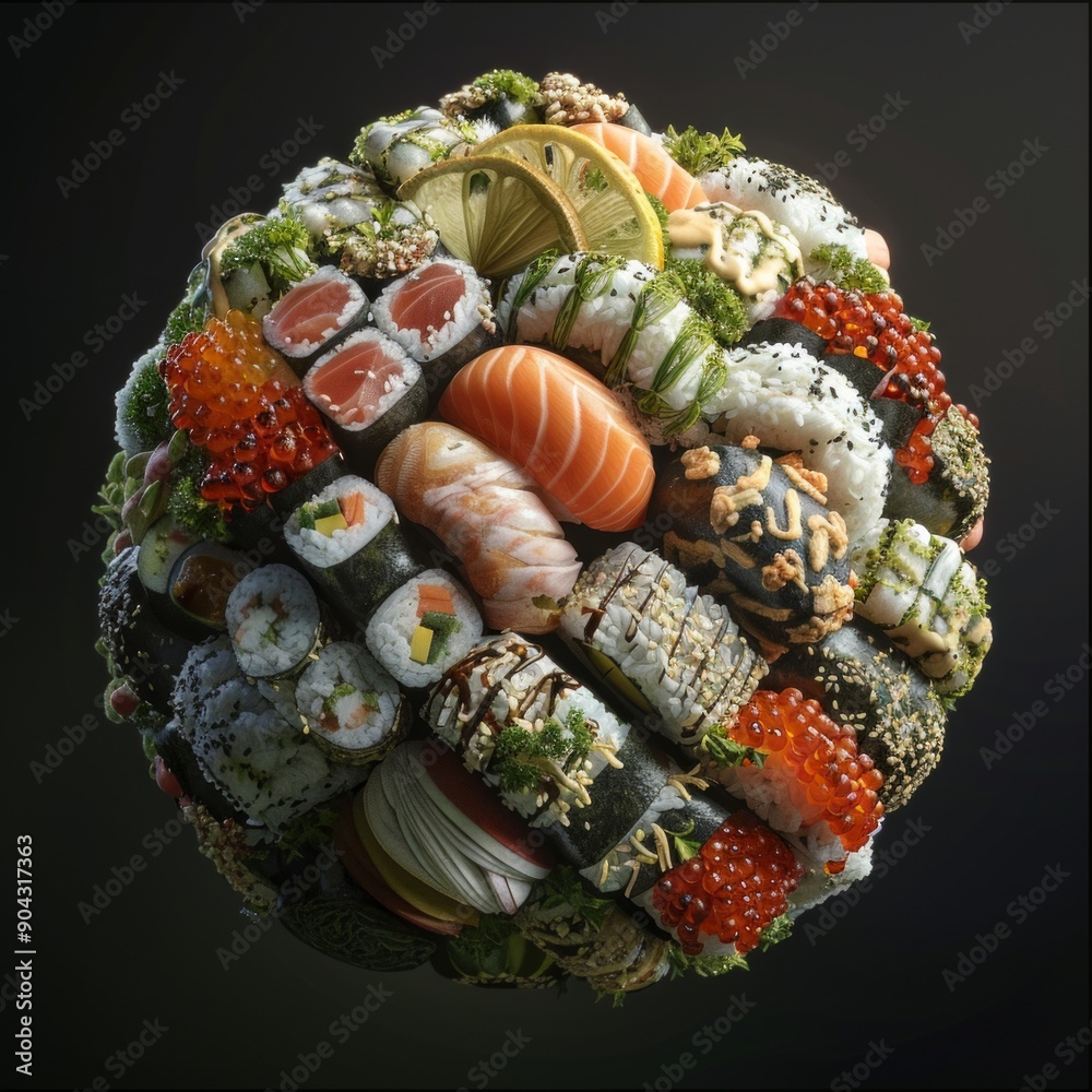 Poster Unique sushi ball concept. Artistic round sushi platter. Creative and beautifully arranged sushi dishes. An innovative twist on traditional sushi presentation. Perfect for culinary art enthusiasts. AI