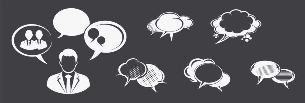 Different speech bubbles show different ways communication between people, questions opinions thoughts sharing