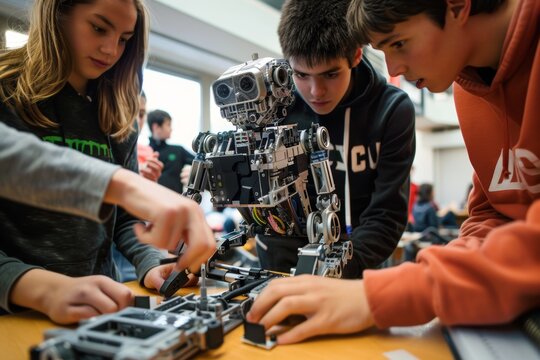 Teen Classmates Collaborating on Robot Assembly for STEM Project in Modern Classroom Setting