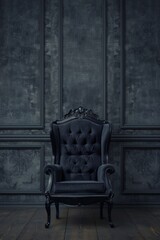 Elegant Vintage Black Armchair Against Dark Textured Wall in Classic Interior Design