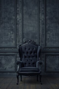 Elegant Vintage Black Armchair Against Dark Textured Wall in Classic Interior Design