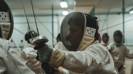 Students Participating in Competitive Fencing Match Wearing Protective Gear in Action-Filled Scene