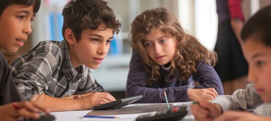 Students Collaborating on Math Problems Using Calculators and Graph Paper for Homework