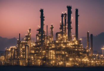 Fototapeta premium Oil refinery plant for crude oil industry on desert in evening twilight energy industrial machine fo