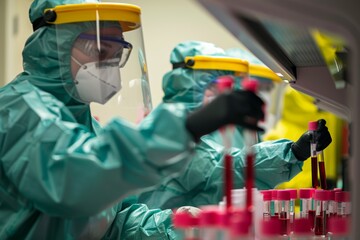 Scientists Analyzing Blood Samples in High-Security Lab with Advanced Protective Gear for Pathogen Testing