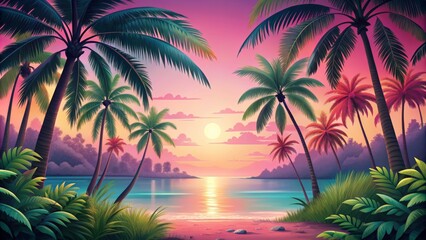 Tropical Paradise Sunset Digital Illustration of Palm Trees, Beach, and Pink Sky - Digital Art, Palm Trees, Sunset, Tropical Beach, Ocean