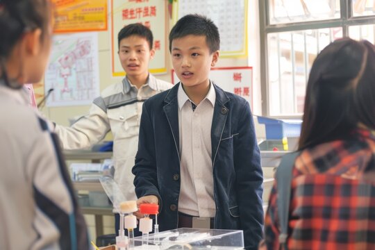 Chinese Schoolboy Presenting Science Fair Project to Peers and Teachers