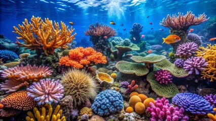 Obraz premium Underwater Paradise Vibrant Coral Reef with Colorful Fish and Sunlight - Marine Life, Ocean Ecosystem, Tropical Reef, Coral, Fish, Underwater, Nature