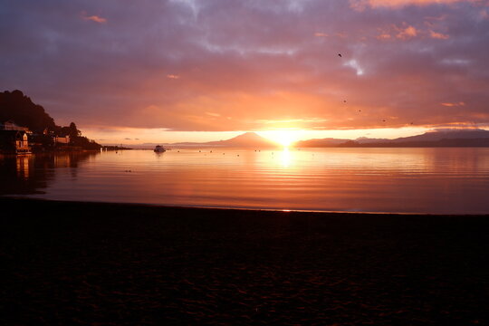 Dramatic sunrise over Lake Llanquihue in the Chilean Lake District in the winter
