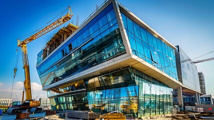 Modern glass building under construction with cranes