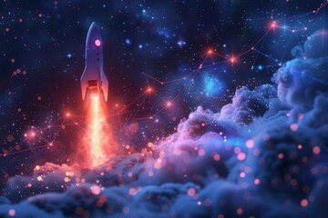 AI-generated image, line graph showing skyrocketing sales growth. Become a rocket ship soaring through the starry sky. The picture symbolizes the potential of effective sales performance management.