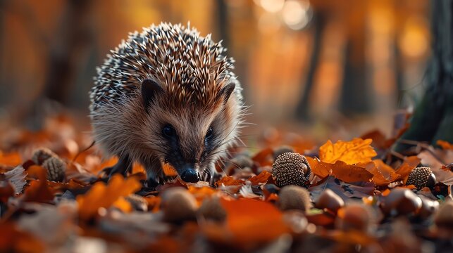 Hedgehog tasting gourmet insects in a woodland scene with fallen leaves and natural textures, blank space for text
