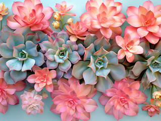 a collection of colorful cacti. The cacti are arranged on a blue surface.