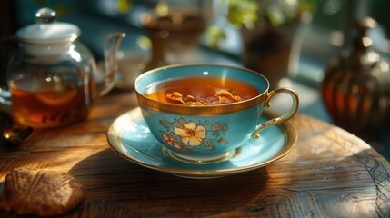 Fototapeta premium Close-up of teal teacup, saucer, and tea on a rustic table with a cookie