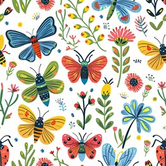 Fototapeta premium Whimsical eco-friendly seamless pattern with cute animals and plants, pastel colors, nature-inspired design, playful and bright