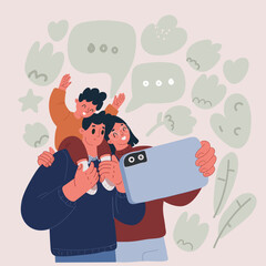 Vector illustration of man and woman taking a picture with a cell phone, with son.