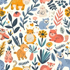 Obraz premium Whimsical eco-friendly seamless pattern with cute animals and plants, pastel colors, nature-inspired design, playful and bright