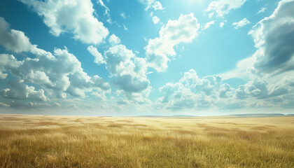 Fototapeta premium Expansive golden wheat field under a vibrant blue sky filled with fluffy white clouds, evoking a sense of tranquility and endless possibilities.