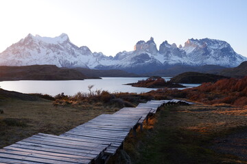 Sunset with Cordillera Paine seen over Pehoé Lake, Torres del Paine National Park in Chilean...