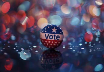 Small Circle Pin with American Flag Design and "Vote" Text Against Abstract Blue Background with Bokeh Effect, Symbolizing Hope and Fluidity