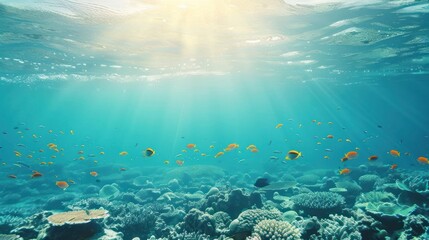 Underwater coral reef with fish and sunbeams.