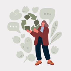 Cartoon vector illustration eco-friendly action of Woman holds recycle sign, promoting sustaining