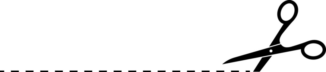 Scissors with cut dotted line vector illustration. Cut coupon. Snip ribbon. Black scissors isolated on white background.